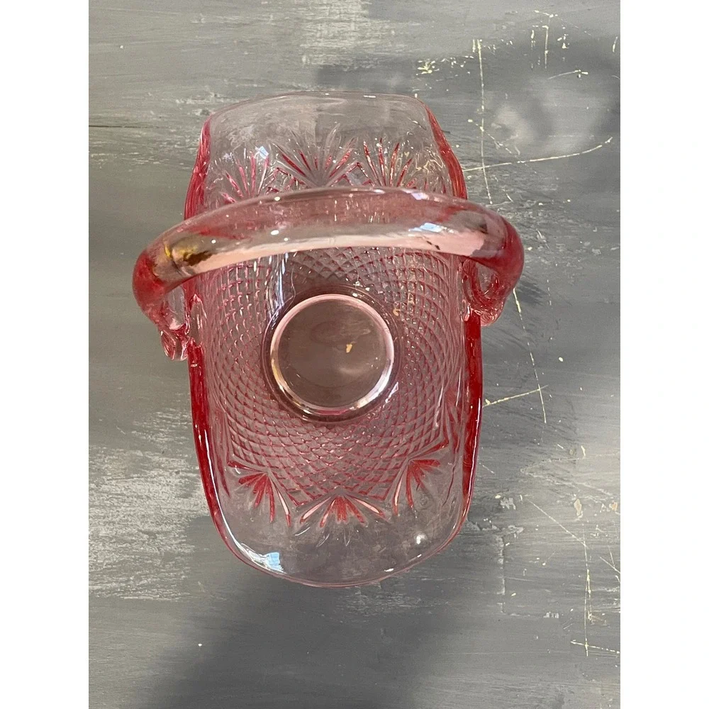 Vintage Pink Depression Glass Basket Diamond Point Starburst Pattern 7.25 Inch